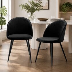 Set of 2 Black Velvet Dining Chairs with Steel Frame