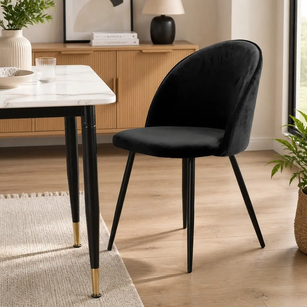 Dining Chairs Set of 2 Kitchen Cafe Velvet Black Comfortable Backrest