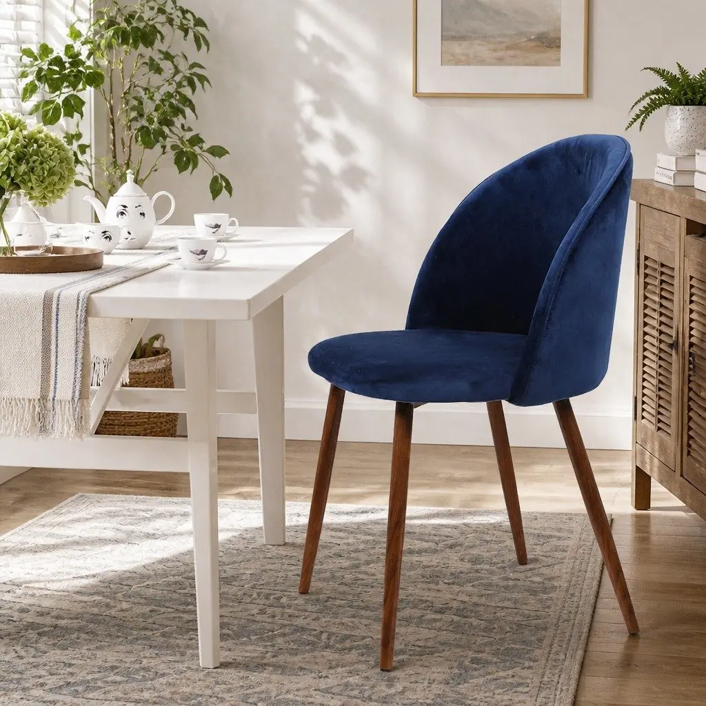 Dining Chairs Set 6 Piece Ergonomic Comfort Navy Velvet Seat