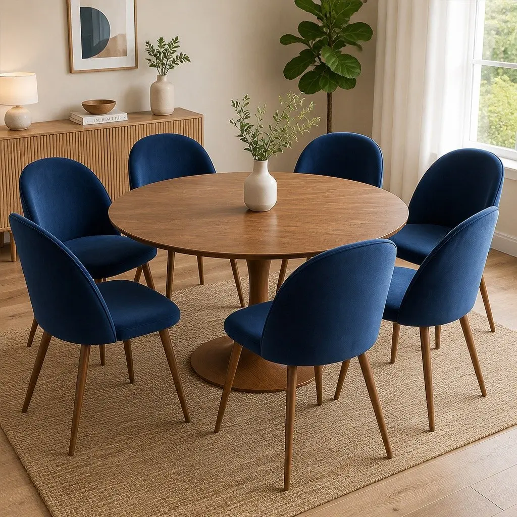 Dining Chairs Set 6 Piece Ergonomic Comfort Navy Velvet Seat