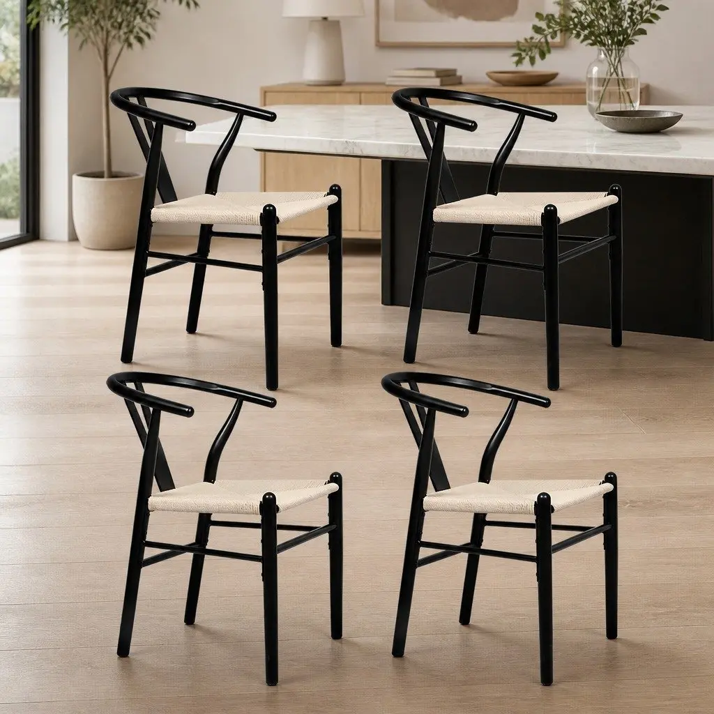 Dining Chairs Set of 4 Wooden Rattan Seat Black Modern Kitchen Furniture