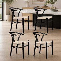 4 Modern Black Dining Chairs with Rattan Seats
