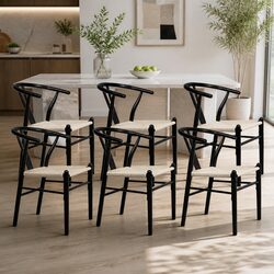 Dining Chairs Set of 6 with Rattan Seats and Wooden Frames