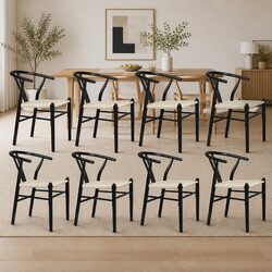 Black Dining Chairs Set of 8 with Rattan Seats