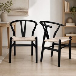 Black Dining Chairs with Rattan Seat Set of 2