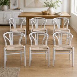 Dining Chairs Set of 6 with Woven Rattan Seats and Wood Frame