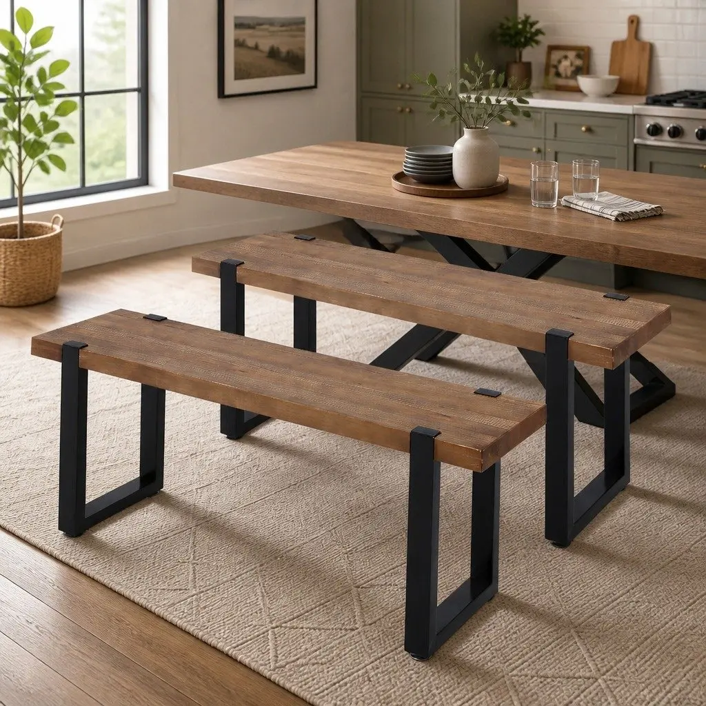 140cm Steel Frame Dining Bench Chair with Solid Wood Seat