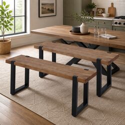 140cm Steel Frame Dining Bench Chair with Solid Wood Seat