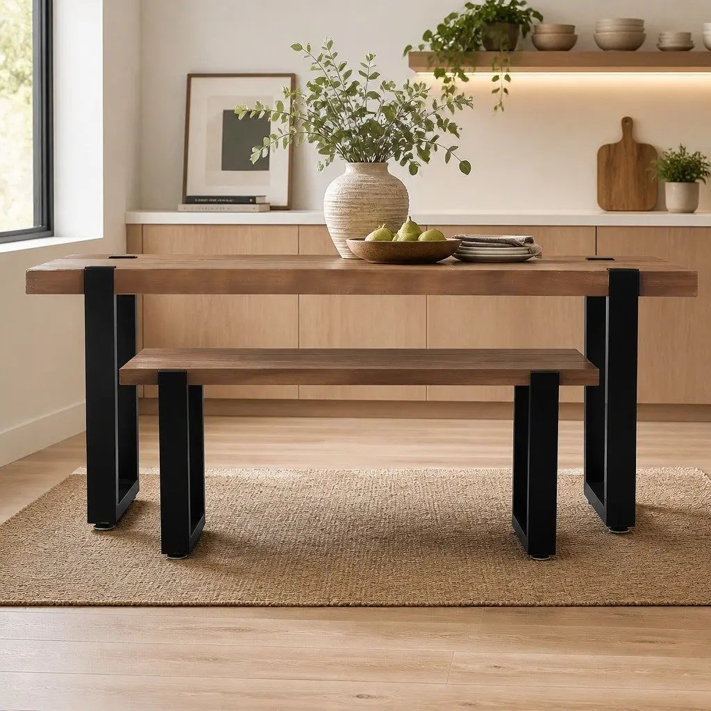 Solid Pine Wooden Dining Benches 115cm with Steel Frame
