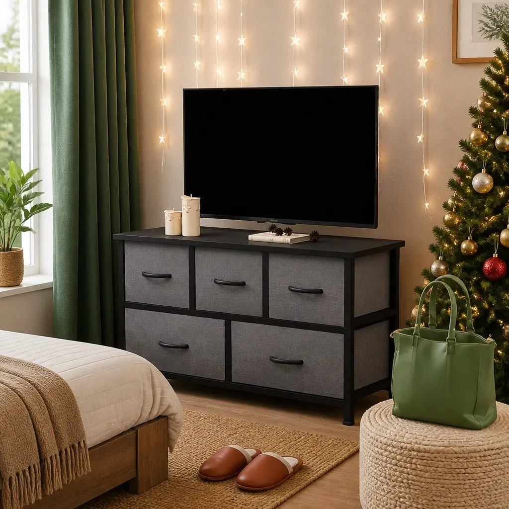 Chest of 5 Drawers Storage Cabinet Bedroom Furniture Organizer Dark Grey