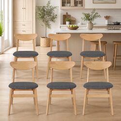 Dining Chairs Set of 6 with Natural Wood Frame and Linen Fabric