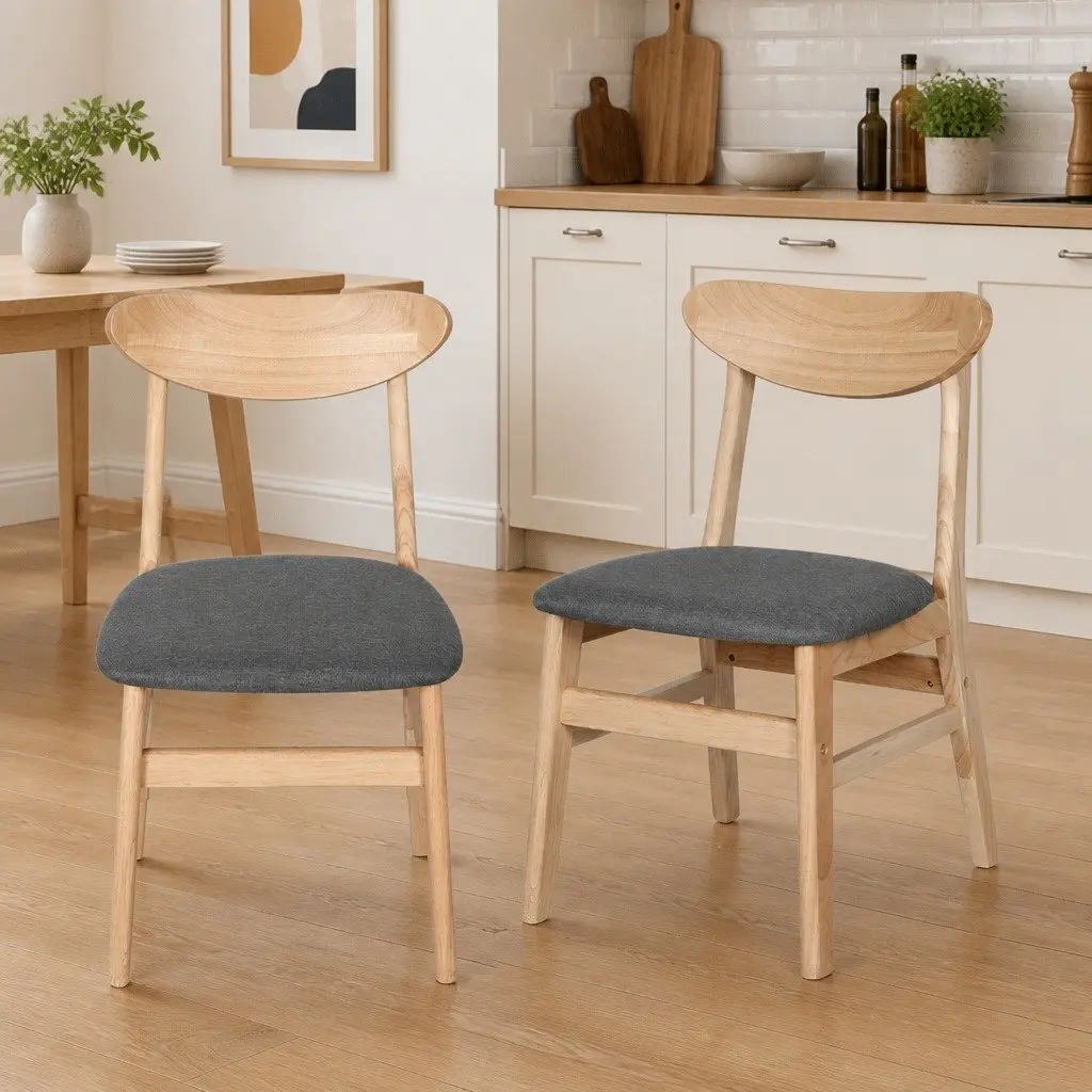 Dining Chairs Natural Wood Padded Seating 44cm Height Linen Fabric Set of 8