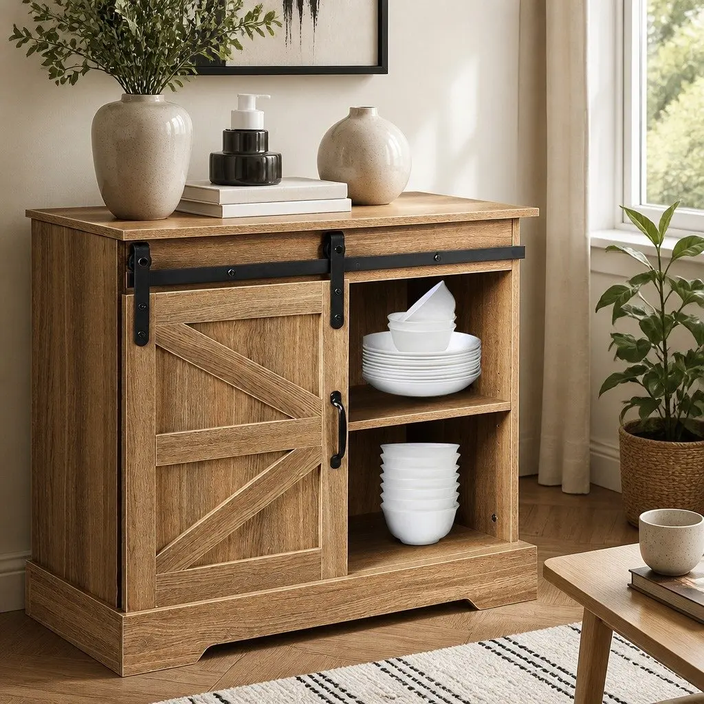 Rustic Sideboard Storage Cabinet with Sliding Barn Door Natural 80cm