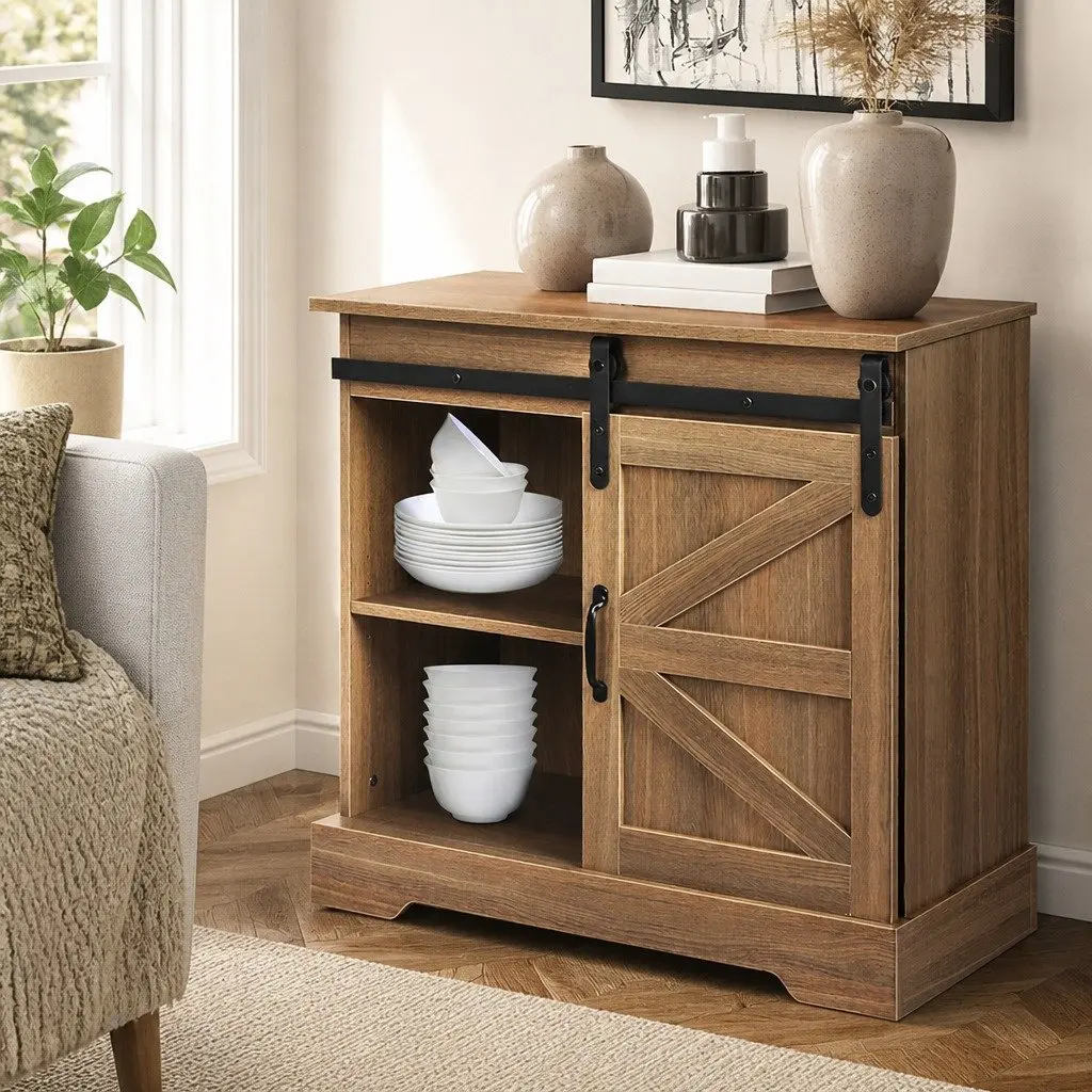 Rustic Sideboard Storage Cabinet with Sliding Barn Door Natural 80cm