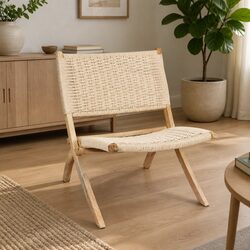 Folding Accent Chair with Ash Wood Frame and Rope Seat