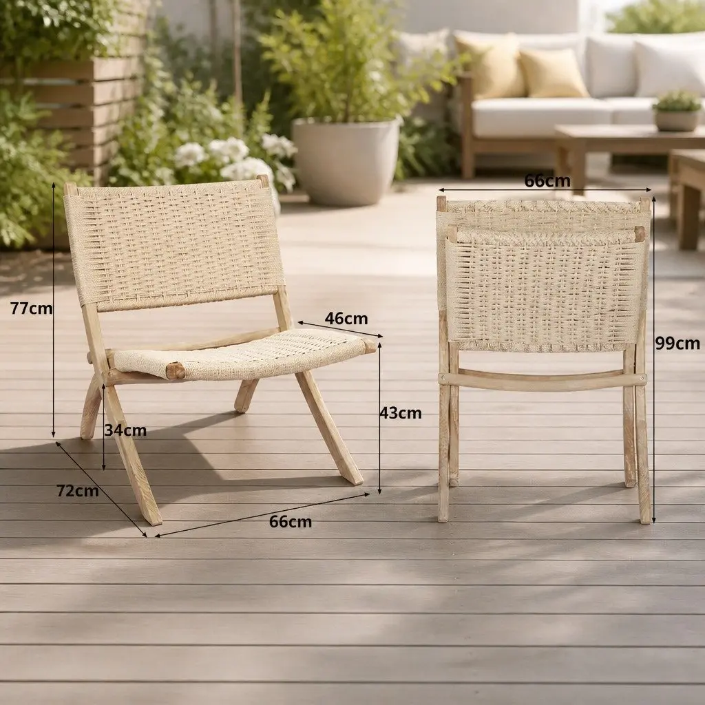 Folding Accent Chair Recliner Wooden Ash Wood Rope Seat Indoor Outdoor Furniture