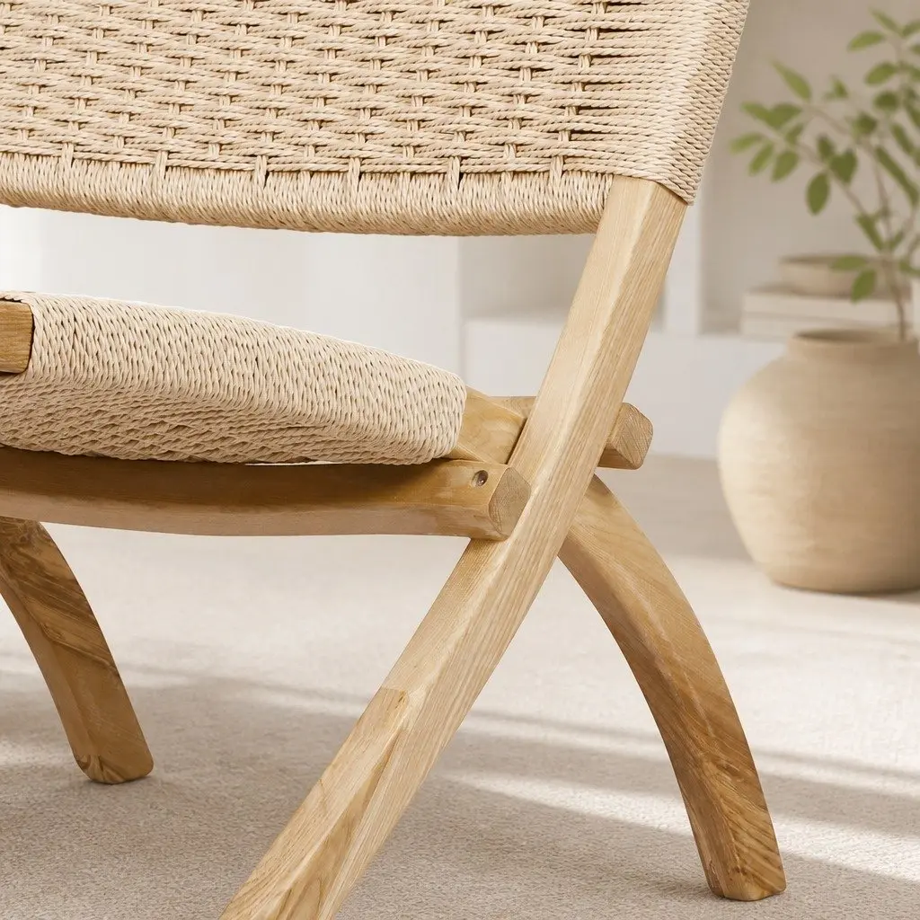 Folding Accent Chair Recliner Wooden Ash Wood Rope Seat Indoor Outdoor Furniture