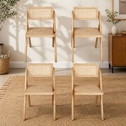 Foldable Accent Chairs Set of 4 with Rubber Wood and Rattan