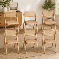 6-Piece Foldable Dining Chairs Set in Natural Rattan and Wood