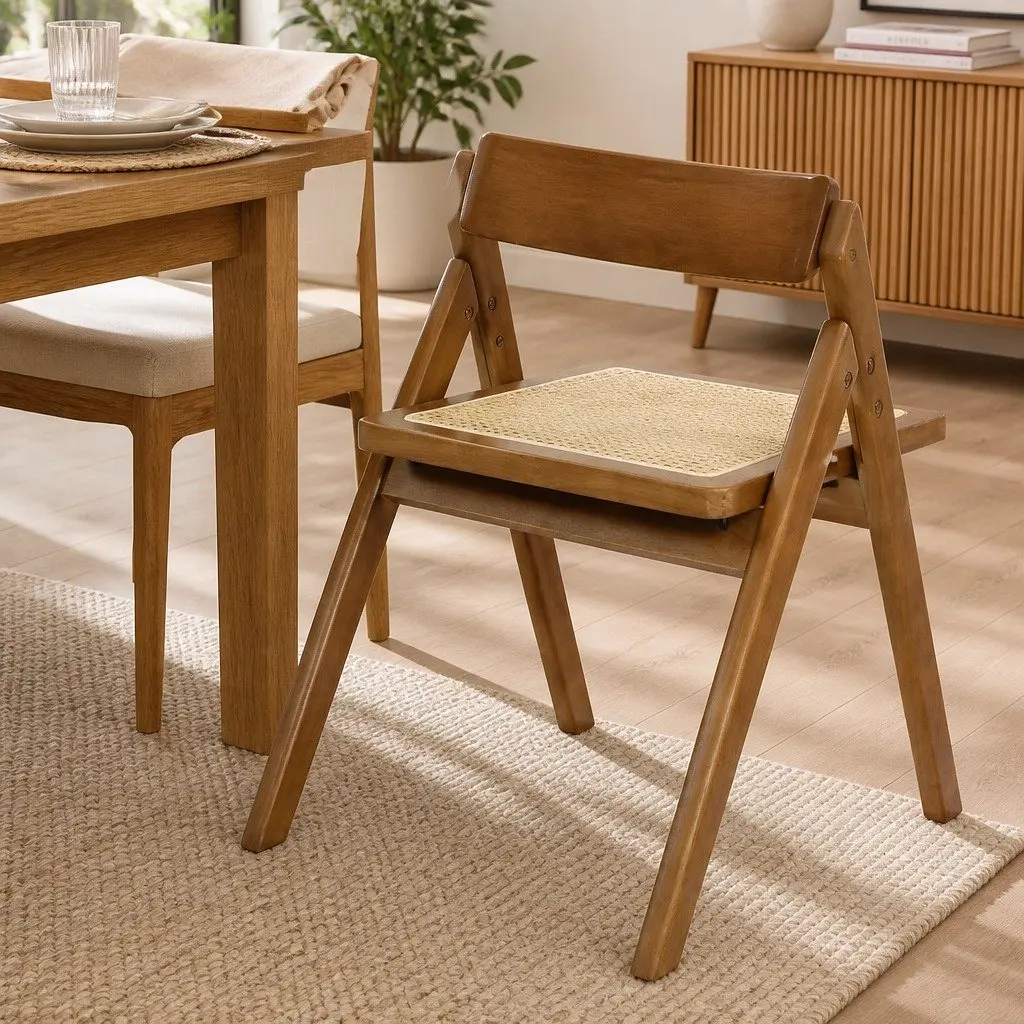 Foldable Rattan Dining Chairs Set of 4 Walnut Wood Frame Lounge Seating