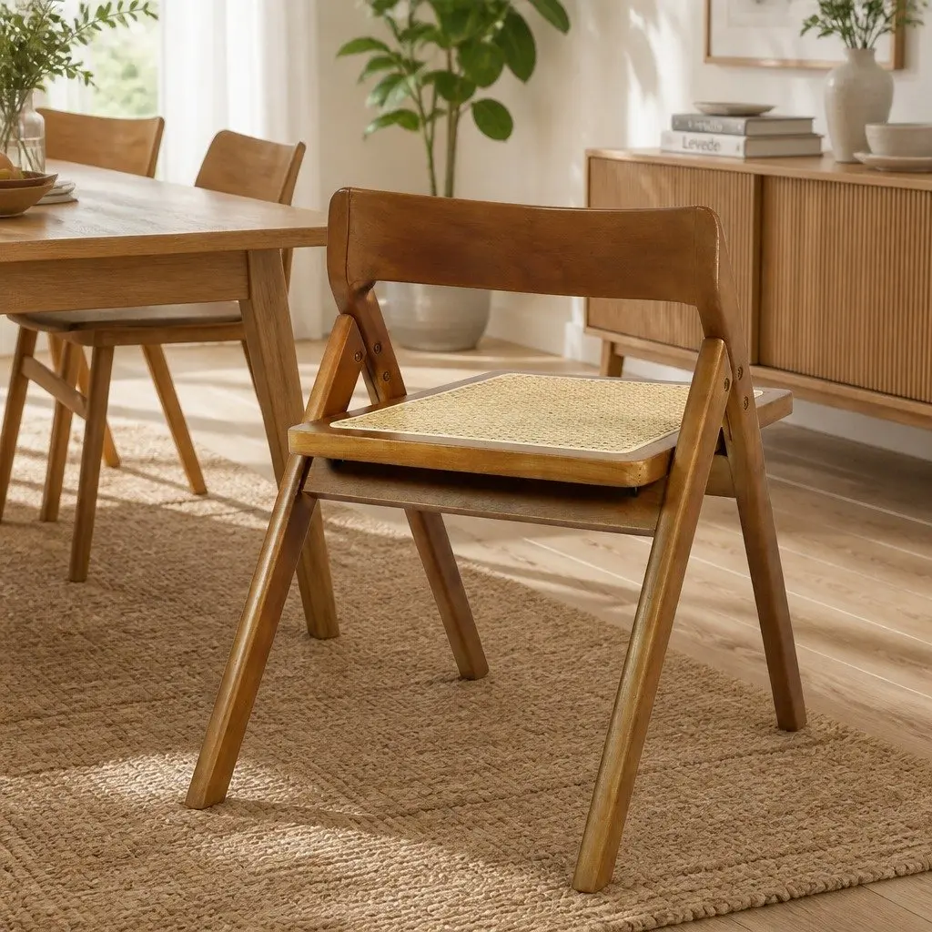 Foldable Dining Chairs Space-Saving Rubber Wood Frame Walnut Set of 6