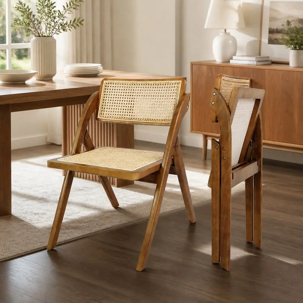 Foldable Dining Chairs Space-Saving Rubber Wood Frame Walnut Set of 6