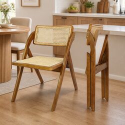 Set of 2 Foldable Rattan Dining Chairs with Rubber Wood Frame