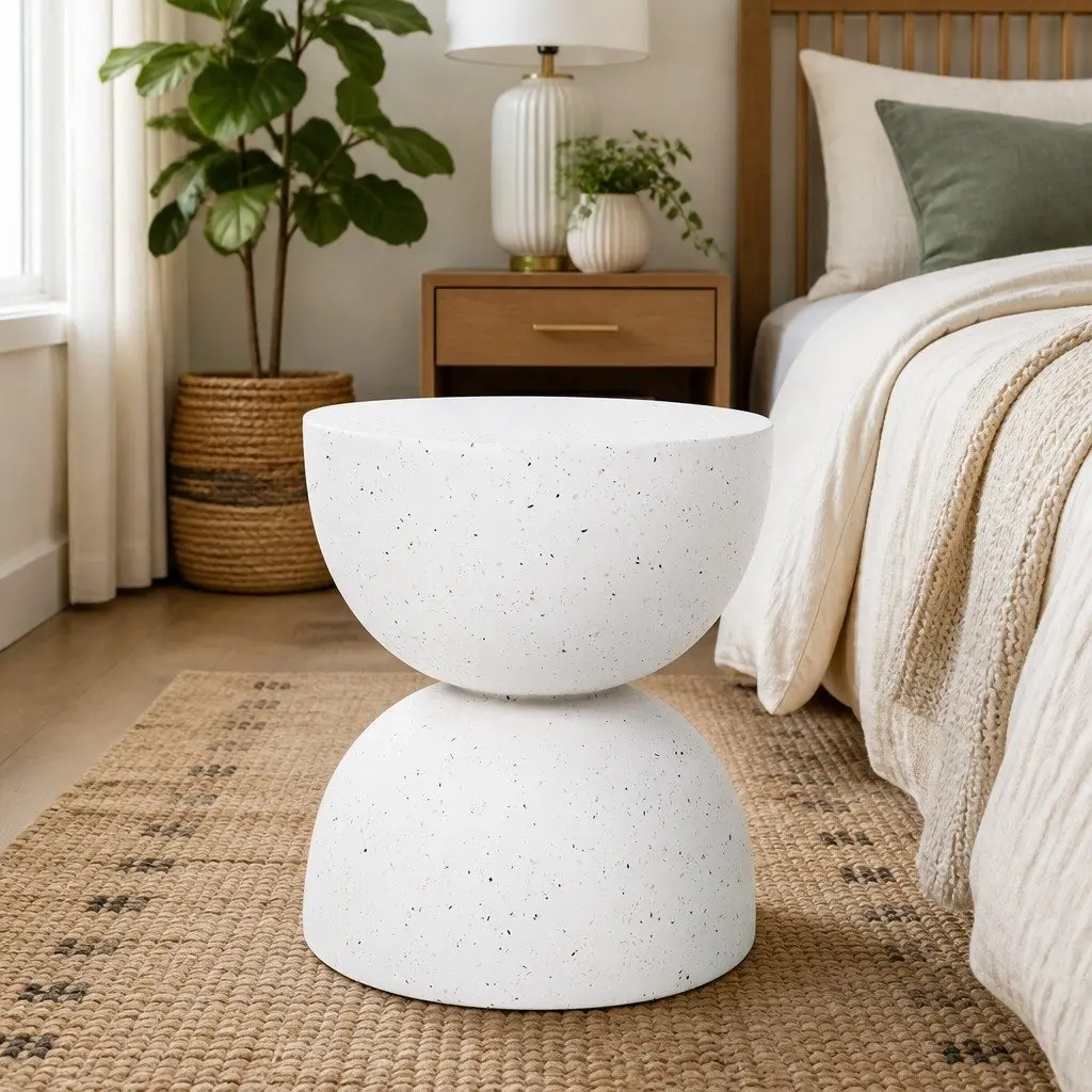 Round Side Table Hourglass Shape Easy to Move 40cm Beige Terrazzo