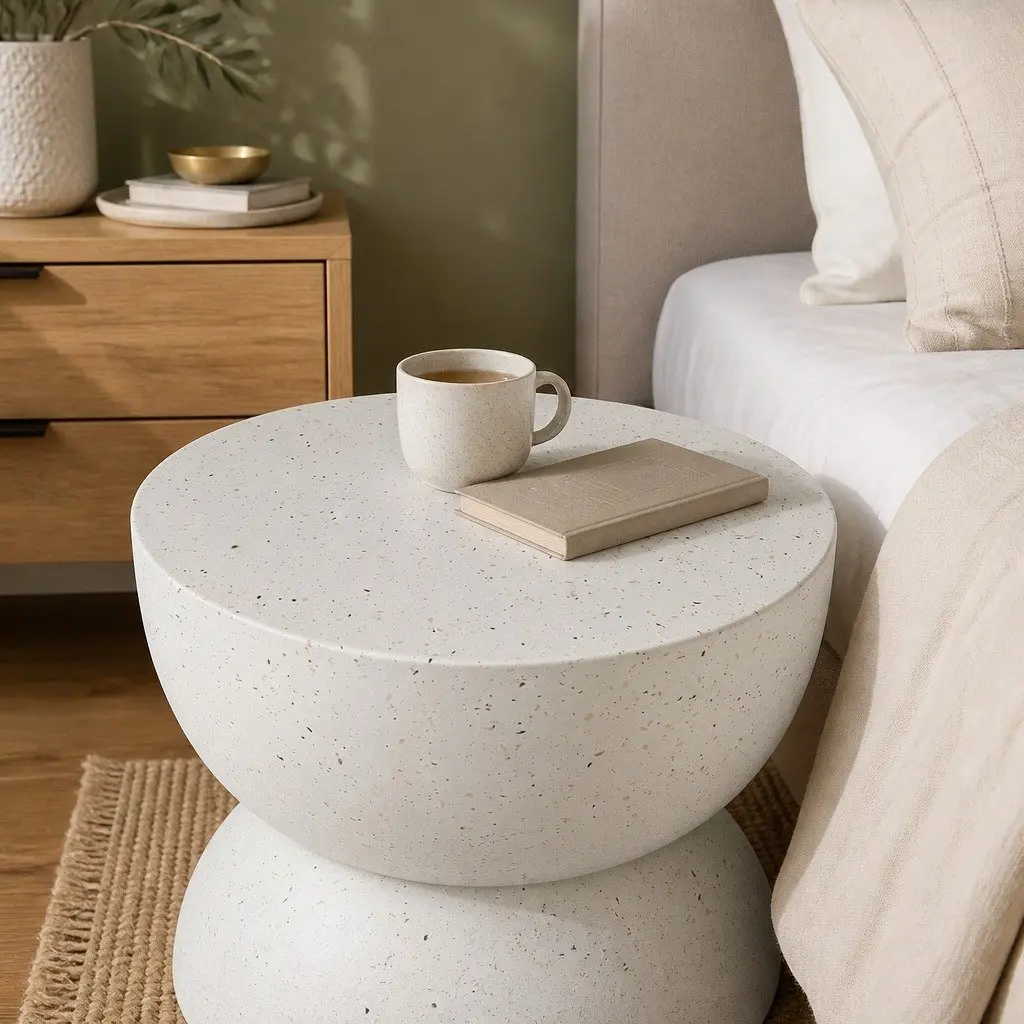 Round Side Table Hourglass Shape Easy to Move 40cm Beige Terrazzo