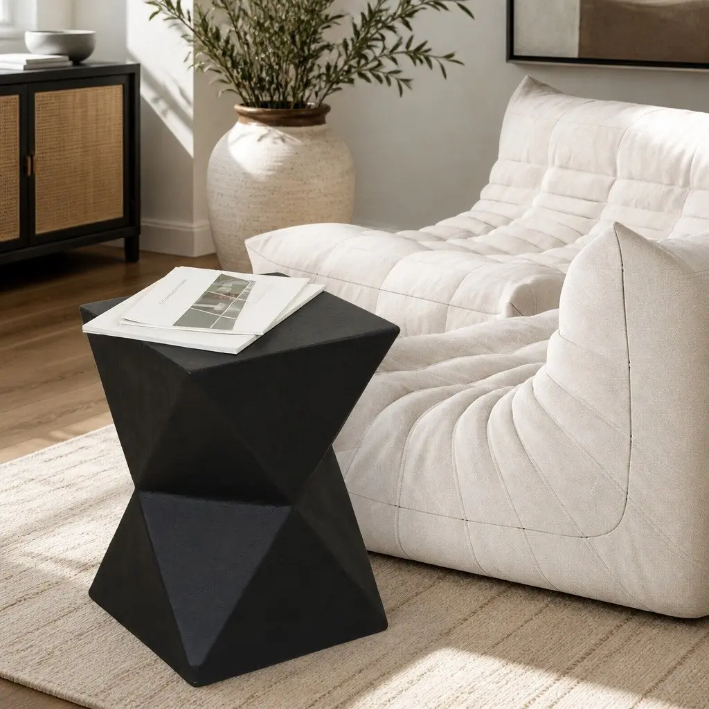 Geometric Side Table Stable Base 31cm Black Terrazzo Magnesium Cement Nightstand Accent Stool