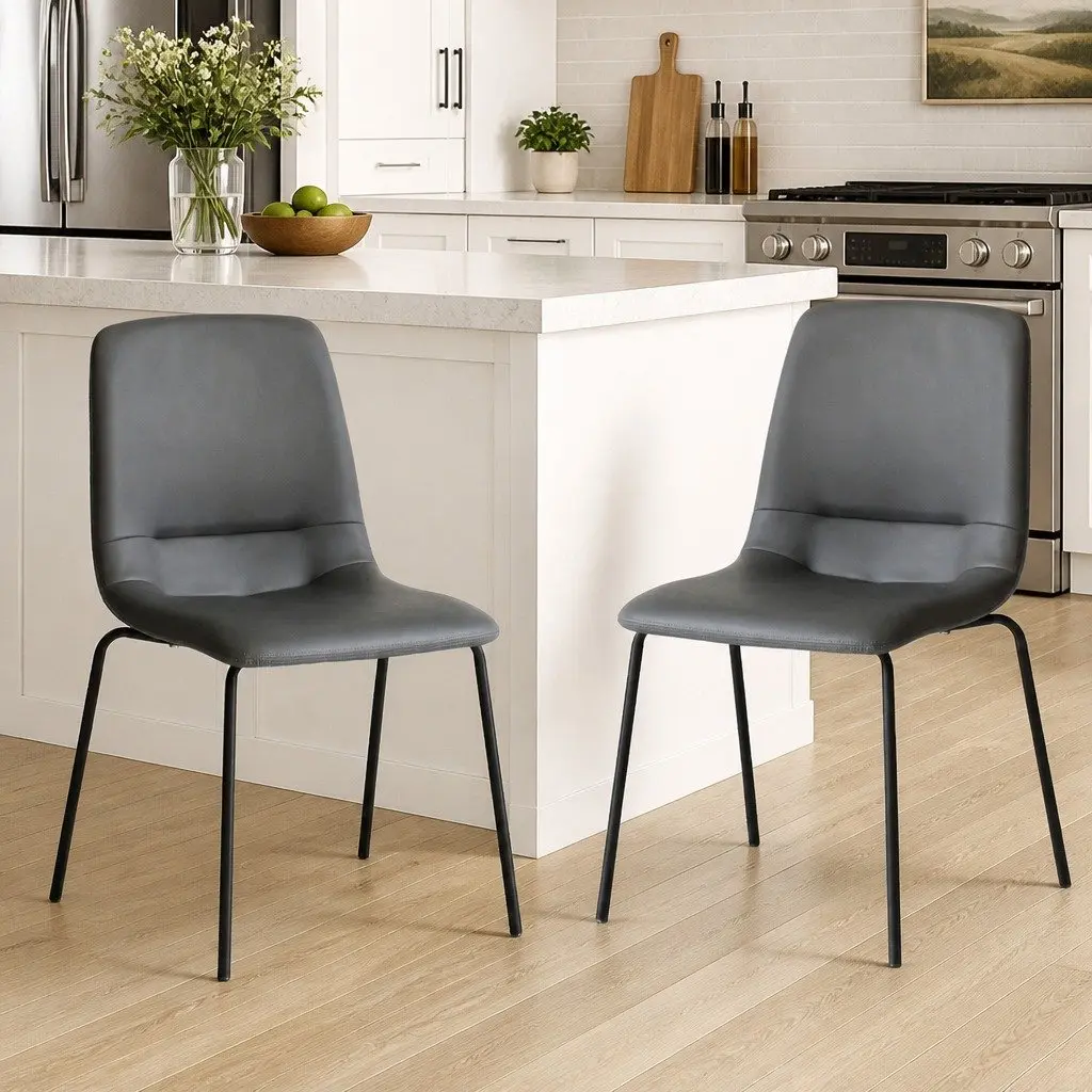 Stackable Dining Chair Comfort Dark Grey PU Leather Steel Frame