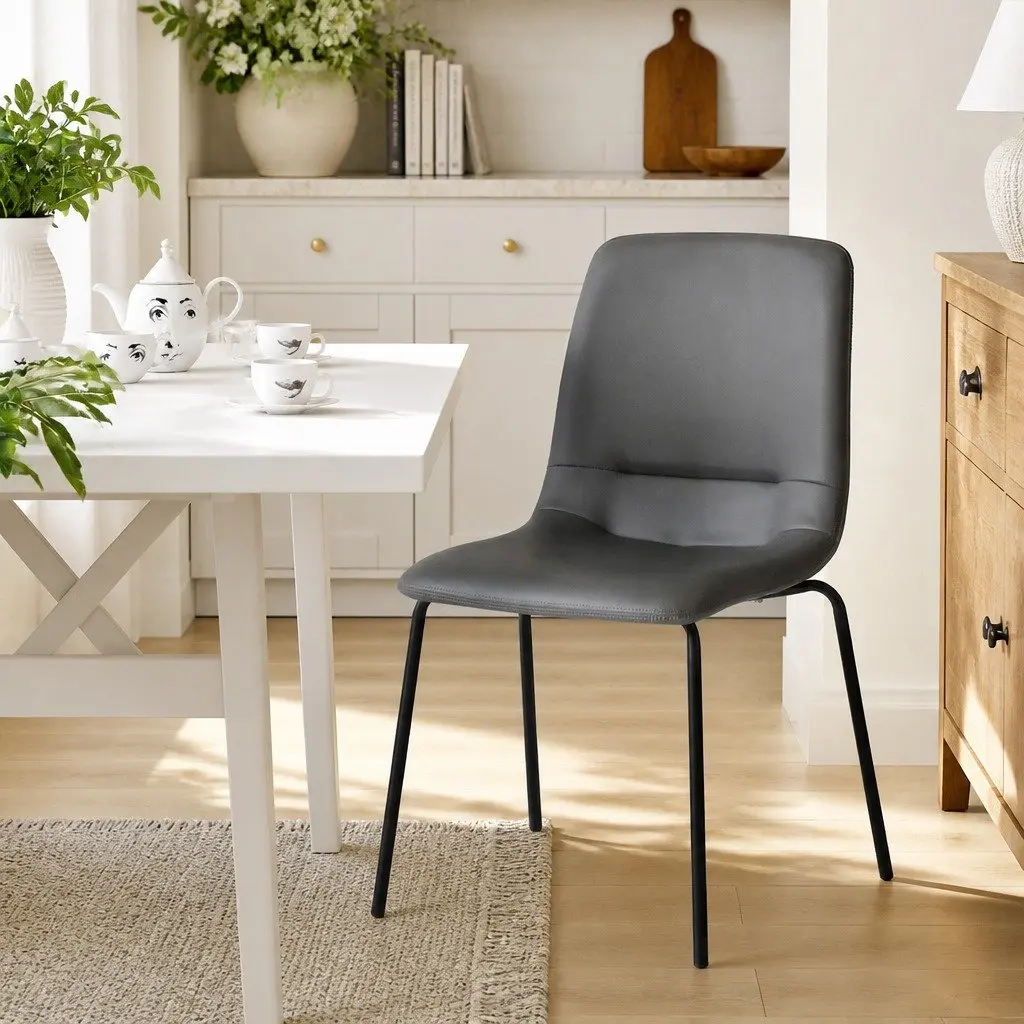 Stackable Dining Chair Comfort Dark Grey PU Leather Steel Frame