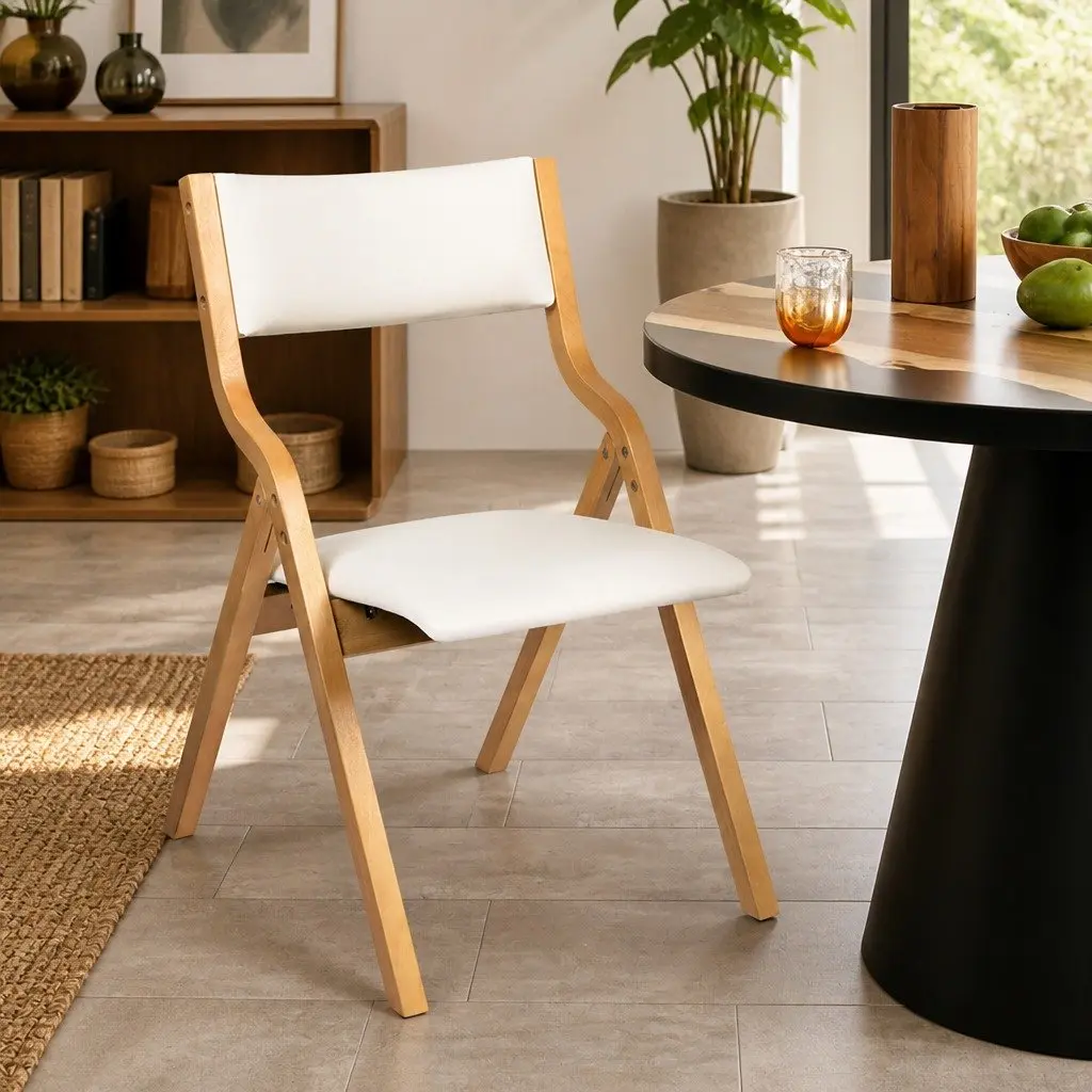 Foldable Dining Chairs PU Seat Solid Wood Frame Set of 2 Beige Kitchen Furniture