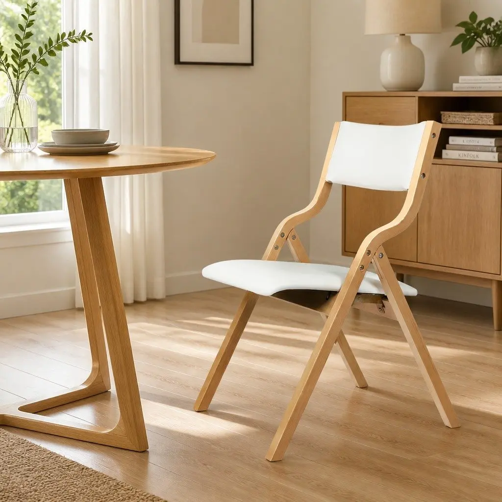 Foldable Dining Chairs PU Seat Solid Wood Frame Set of 2 Beige Kitchen Furniture