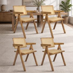 4-Piece Dining Chair Set with Rattan and Rubber Wood