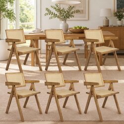 Dining Chair Set of 6 with Solid Rubber Wood and Rattan Seats