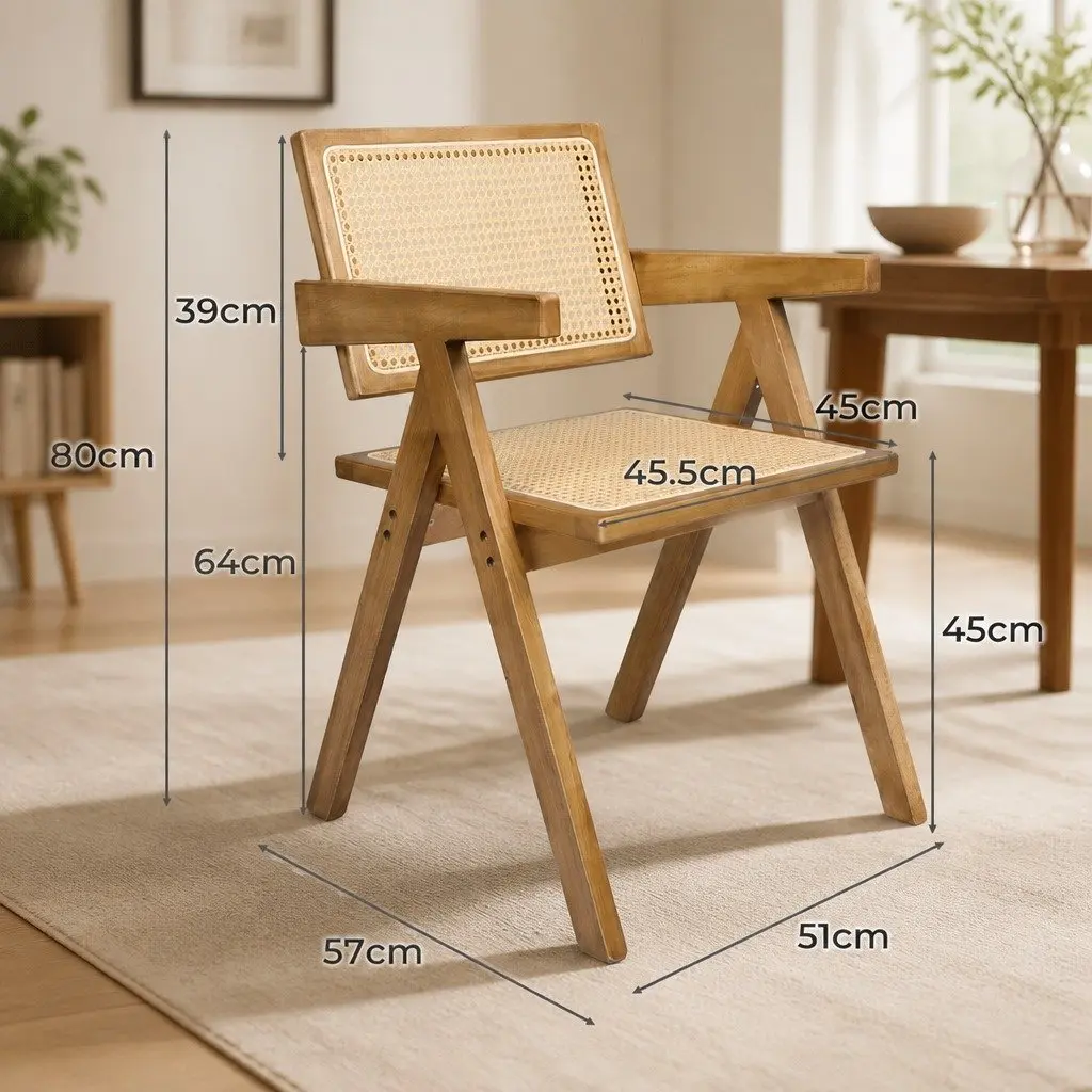 Dining Chair Set of 6 with Solid Rubber Wood and Rattan Seats