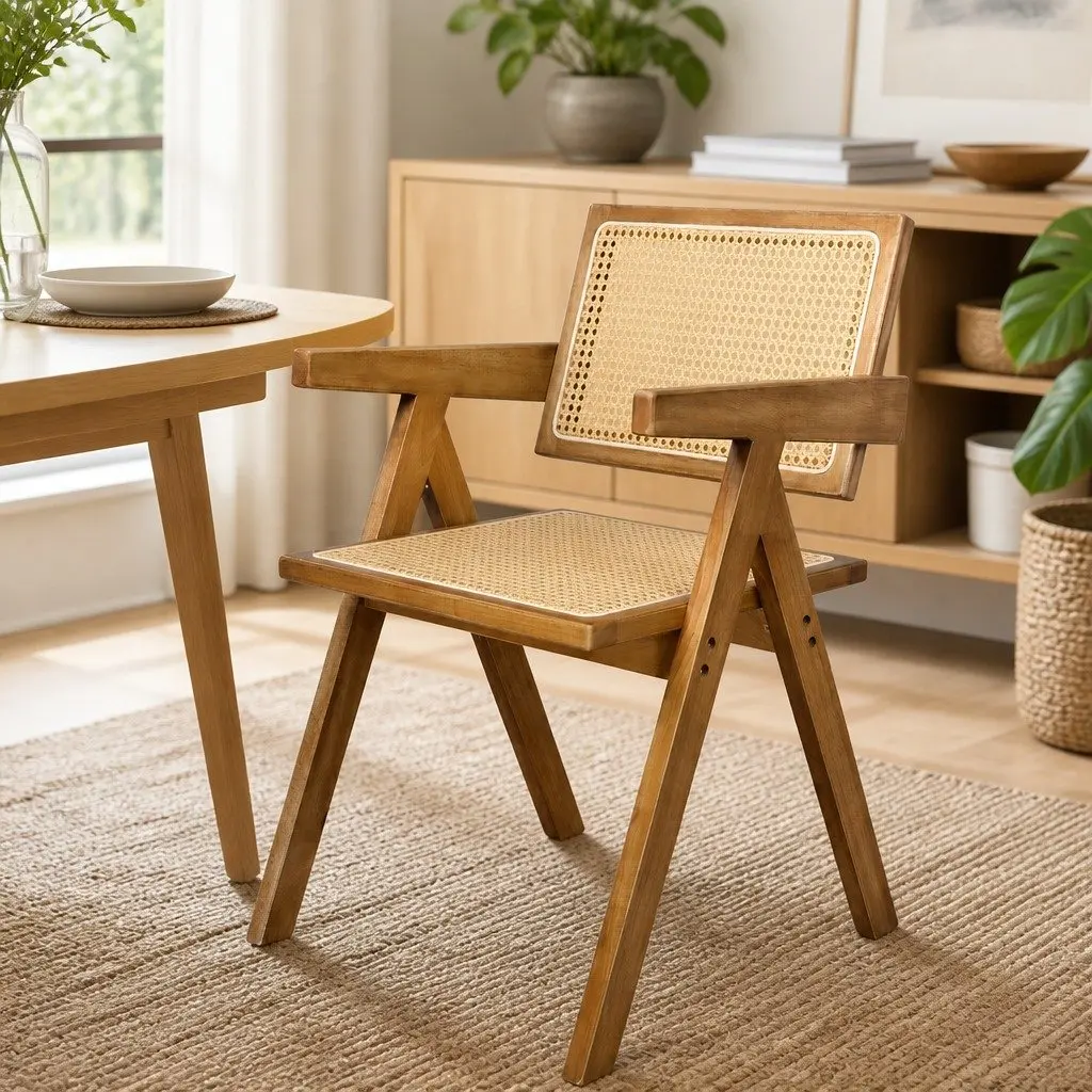 Dining Chair Set of 6 with Solid Rubber Wood and Rattan Seats