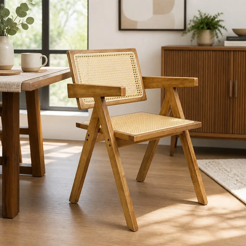 Dining Chair Set of 6 with Solid Rubber Wood and Rattan Seats