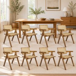 Set of 8 Durable Dining Chairs with Rattan Weave