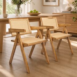 Set of 2 Solid Wood Dining Chairs with Rattan Weave