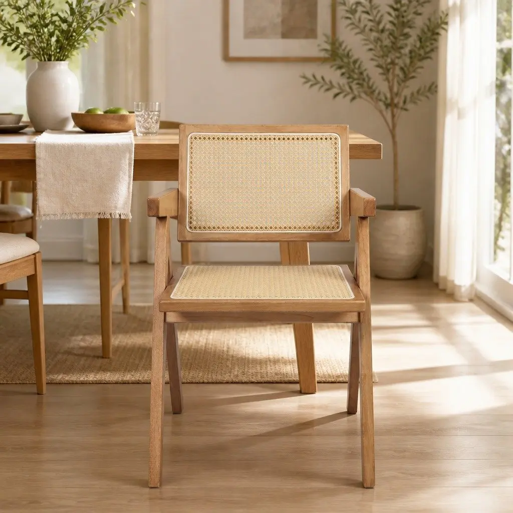 Dining Chair Rattan Weave Solid Wood Natural Set of 2 Comfortable Seat