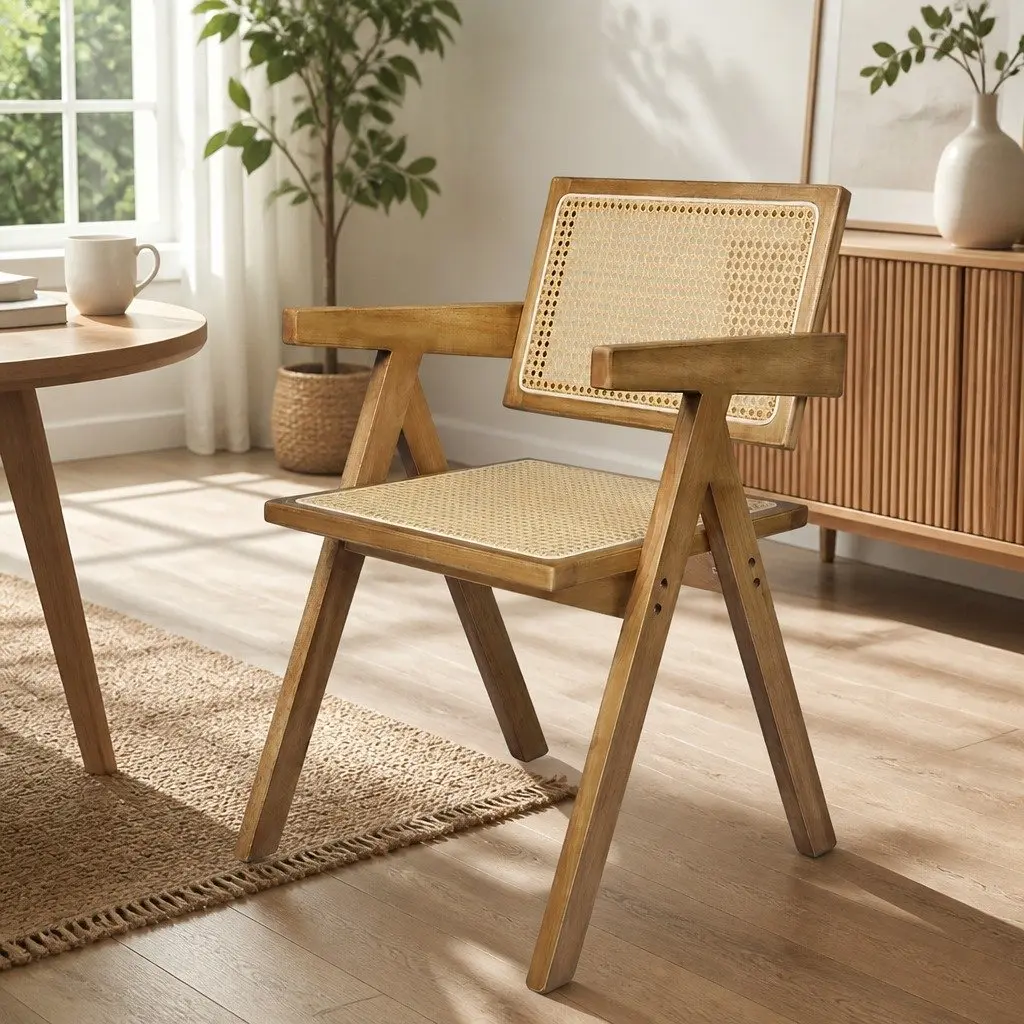 Dining Chair Rattan Weave Solid Wood Natural Set of 2 Comfortable Seat