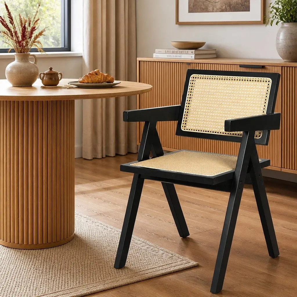 Wicker Armchair Dining Chair Black Rattan Backrest Lounge Seat Set