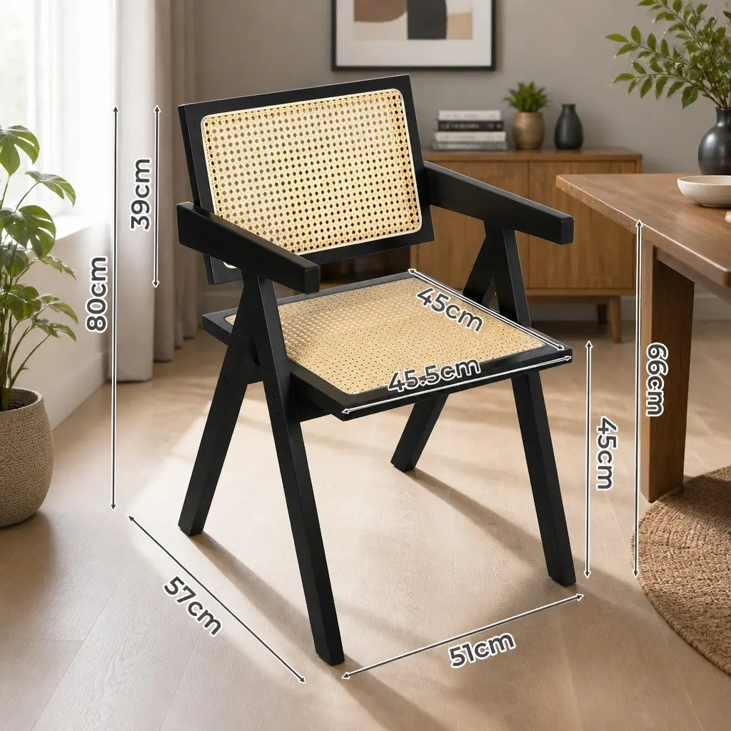 Black Rattan Armchair Dining Chair Set of 4 Wooden Frame Lounge Seating