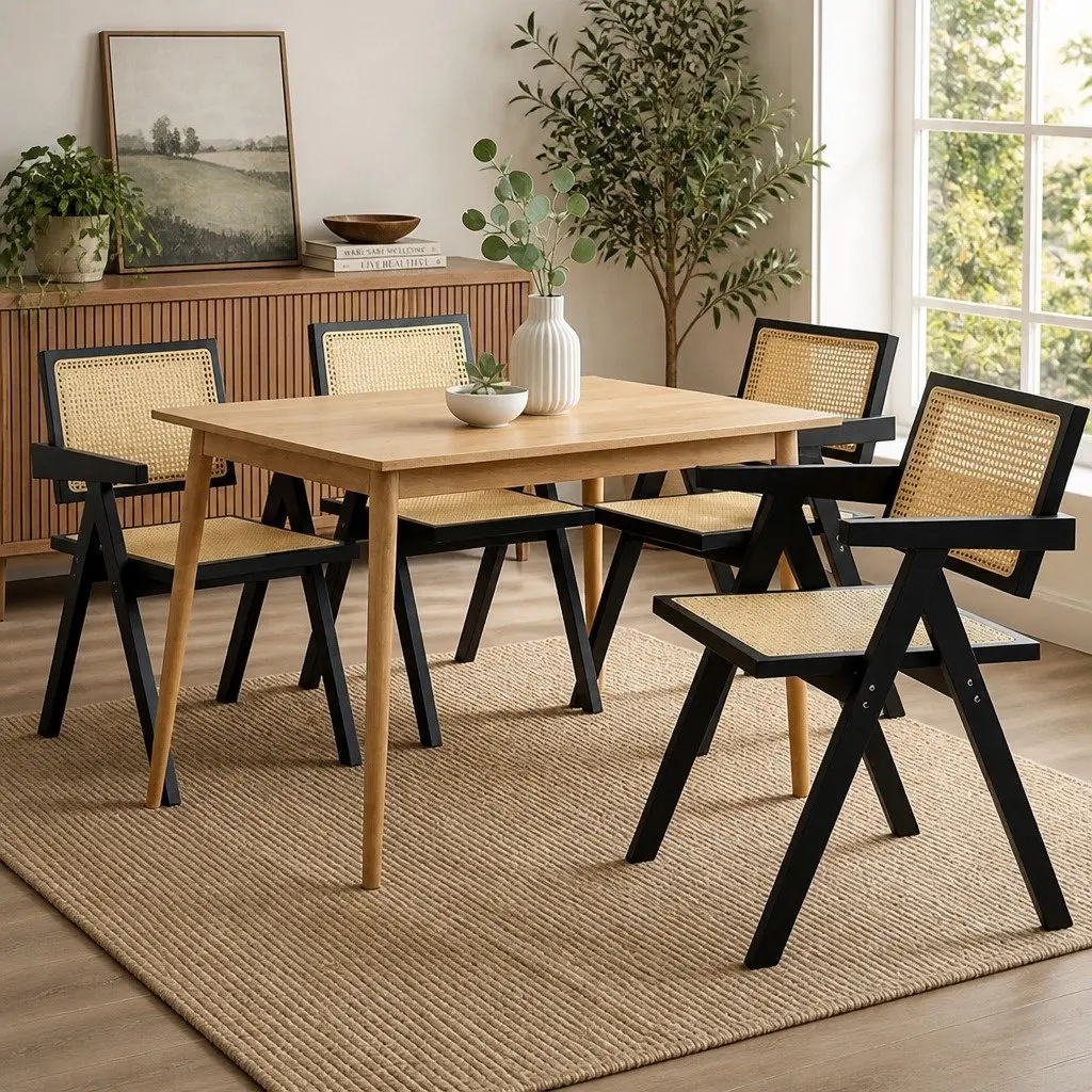Black Rattan Armchair Dining Chair Set of 4 Wooden Frame Lounge Seating