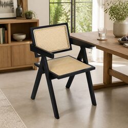 Rattan Weave Dining Chair with Armrests and Wooden Structure