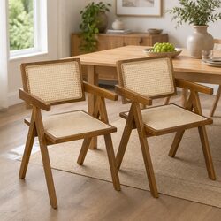 Chic Rattan Armchair Dining Chair in Walnut Finish