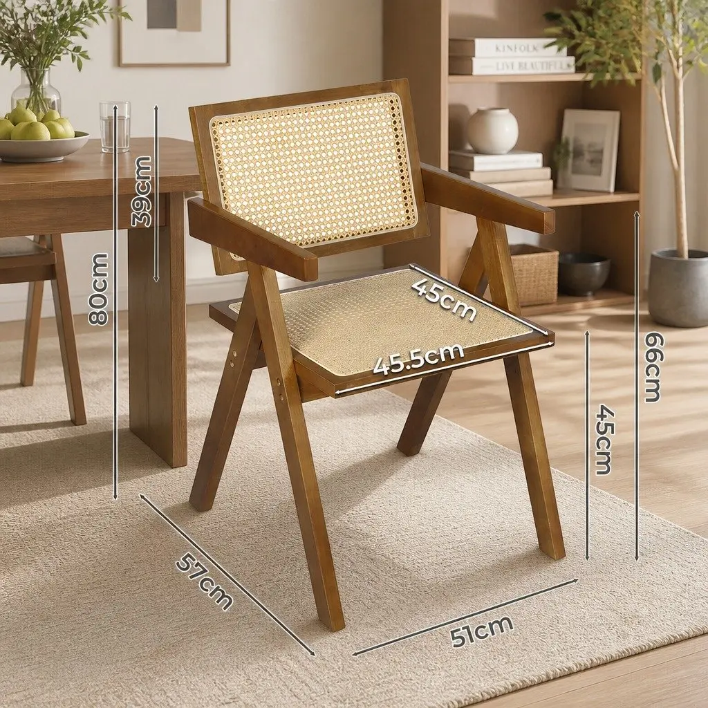 Wicker Dining Chair Comfort Armrests Walnut Rattan Wooden Seat