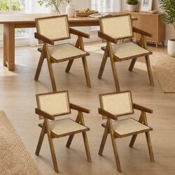 Modern Walnut Wicker Dining Chair Set of 4